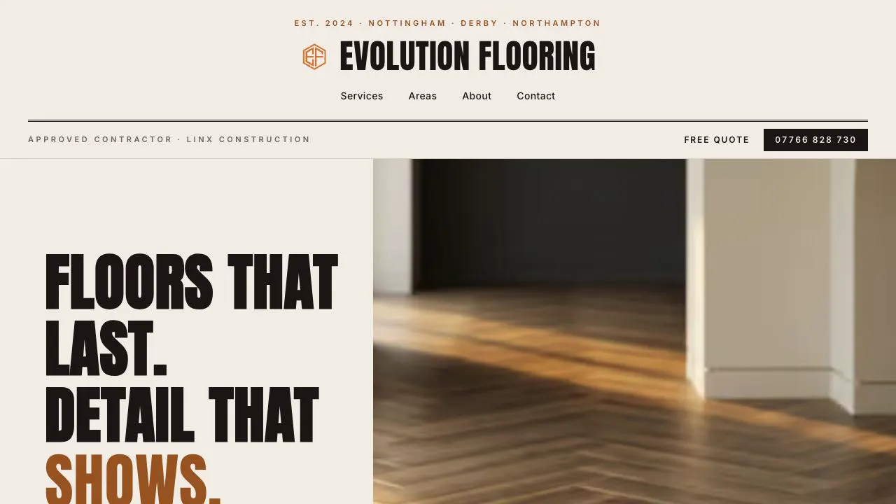 Evolution Flooring website, designed and built by 3rd Eye AI